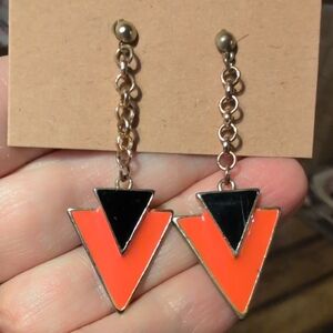Orange and Black Enamel Triangle Dangle Earrings